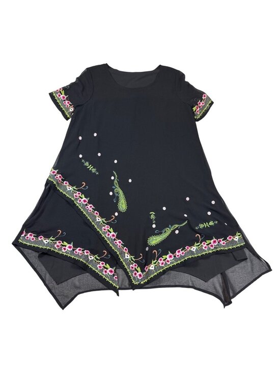 boutique Dresses & Skirts - Black Tunic dress Floral & Paisley Embroidery Asymmetrical Hem Large (i701)